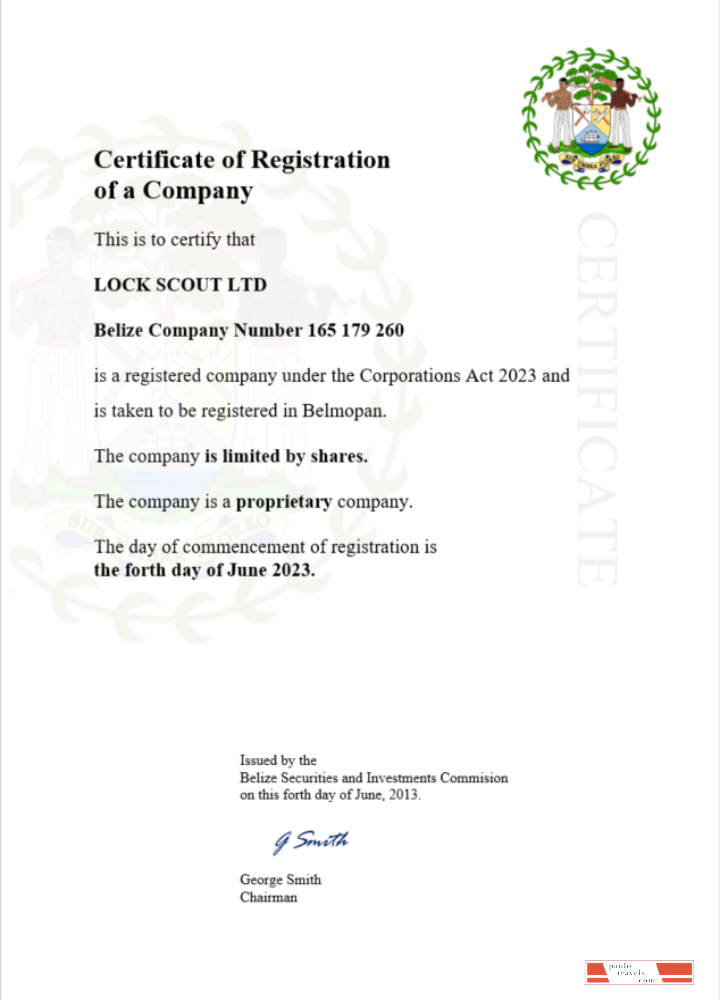 Belize certificate of registration Word and PDF template